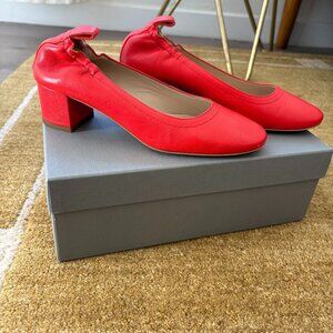 Everlane Day Heel in candy apple red, fit like a size 6